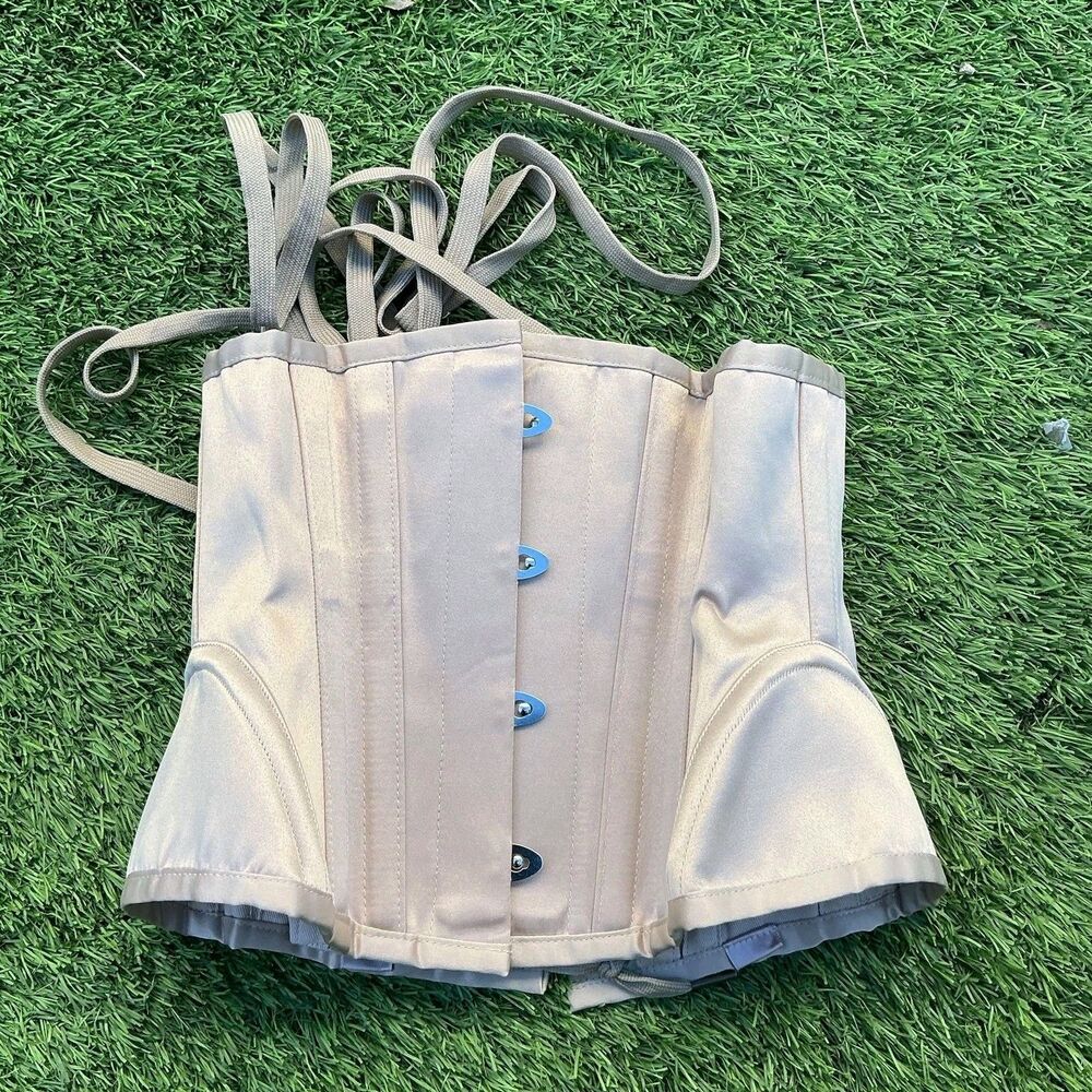 Beige Satin Underbust Corset Waist Cincher Lace Up Back Bustier Costume